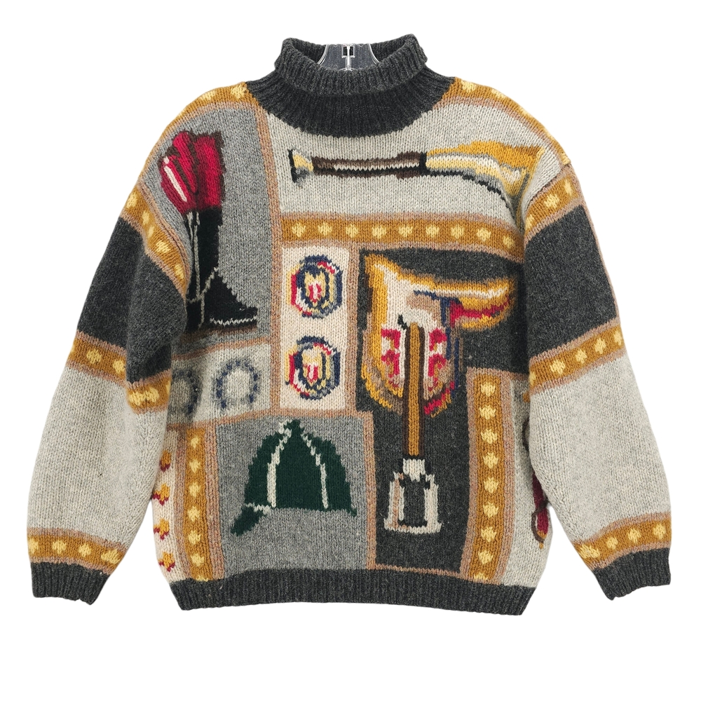 THE EAGLE'S EYE Vintage Sweater Equestrian Pattern 100% Wool Hand Knit MEDIUM